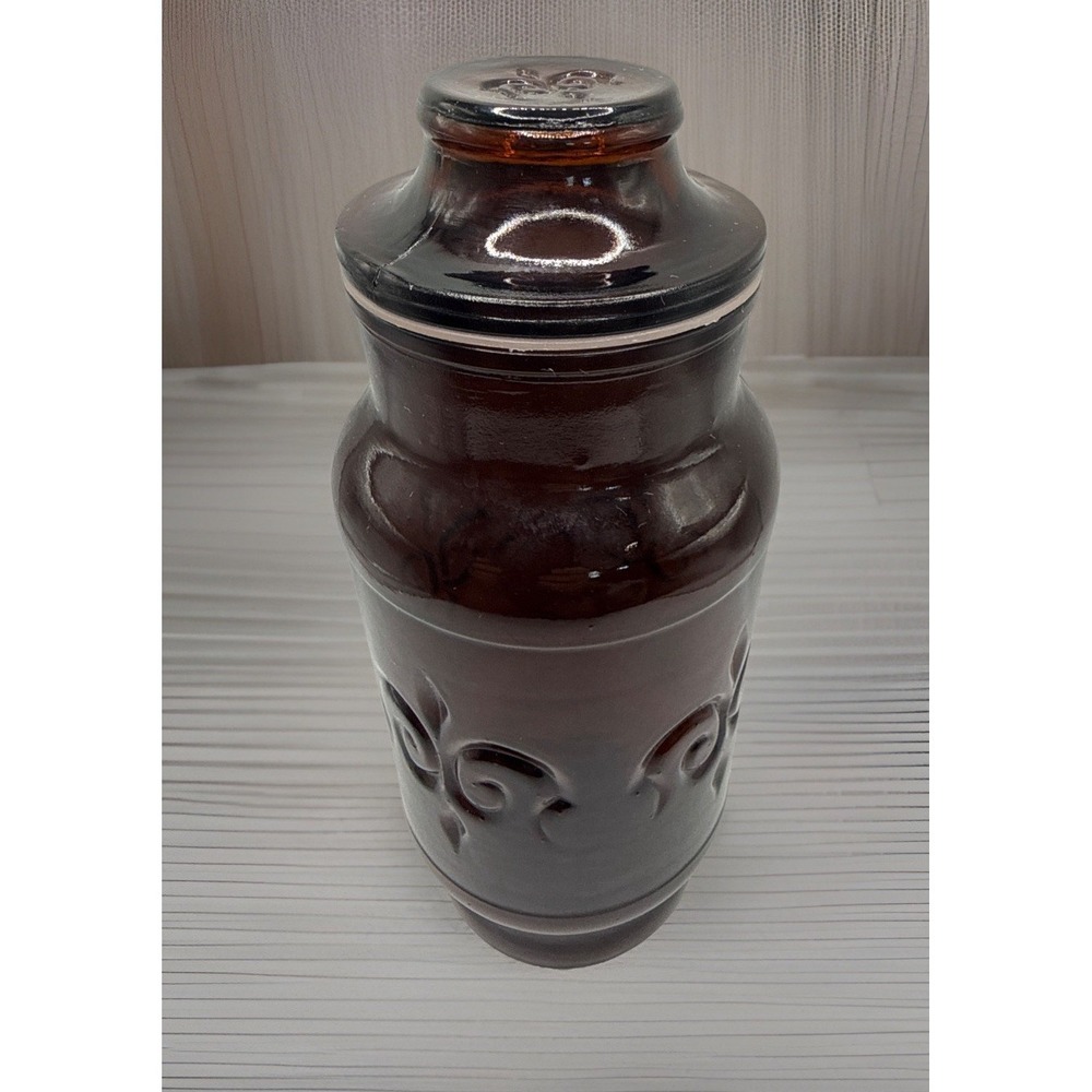 VTG Borden Amber Glass 9" Canister Apothecary Jar & Lid‎ Fleur-De-Lis Boho 70s